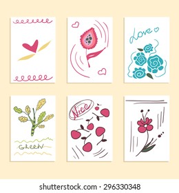 Collection of hand drawn creative flower journaling cards. Patterns for placards, posters, flyers and banner designs. Modern hipster style. Vector illustration