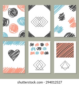 Collection of hand drawn creative journal cards. Trendy posters with hand drawn background. Patterns for placards, posters, flyers and banner designs. Modern hipster style. Vector illustration