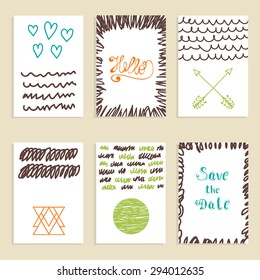 Collection of hand drawn creative journaling cards. Patterns for placards, posters, flyers and banner designs. Modern hipster style. Trendy posters with hand drawn background. Vector illustration