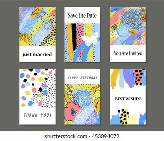 Collection of hand drawn creative universal cards templates with flowers and brush strokes. Wedding, anniversary, birthday, Valentine's, party, poster, invitation, placard, brochure, flyer, business.