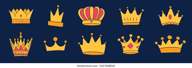 Colección de corona dibujada a mano aislada sobre fondo. Dibujo a mano arte vectorial.