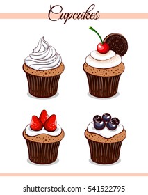 Colección de cupcakes dibujados a mano con diferentes ingredientes sobre fondo blanco. Puede ser utilizado para el diseño de la cafetería, de la panadería o del restaurante. Ilustración vectorial