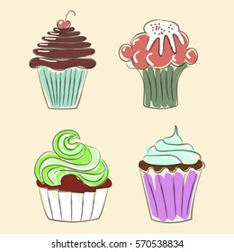 Collection of Hand drawn cupcakes, sketch style. Isolated on white background. Pastel colors. Vector illustration eps 10