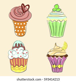 Collection of Hand drawn cupcakes, sketch style. Isolated on white background. Pastel colors. Vector illustration eps 10