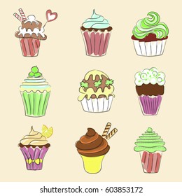 Collection of Hand drawn cupcakes, sketch style. Isolated on white background. Pastel colors. Vector illustration eps 10