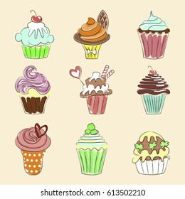 Collection of Hand drawn cupcakes, sketch style. Isolated on white background. Pastel colors. Vector illustration eps 10