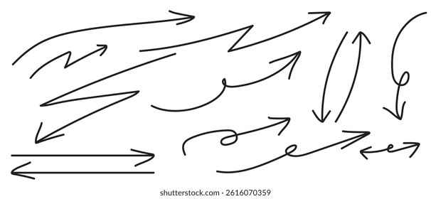 Collection of hand drawn curved arrow doodle style vector on white background. set of zigzag artistic arrow, directional arrow vector symbol