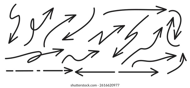 Collection of hand drawn curved arrow doodle style vector on white background. set of zigzag artistic arrow, directional arrow vector symbol