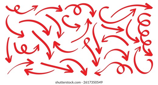 A collection hand drawn curved arrow icons designs in doodle style. Simple red curved hand drawn arrows. Curly arrow icons set. Vector illustration. EPS 10