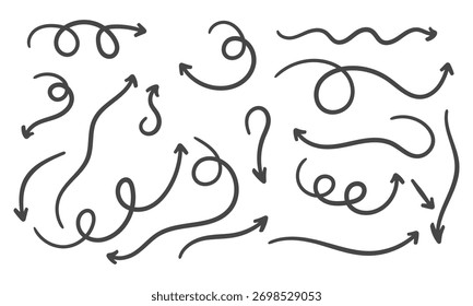coleção de setas curvas desenhadas à mão com arte de linha de doodle e estilo simples