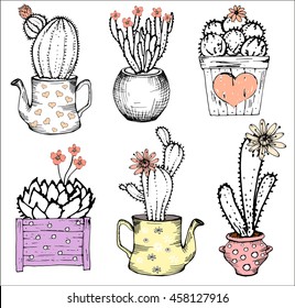Collection Hand drawn cute cacti, actus plants with flowers in teapot and pot, heart, set isolated. Pastel pink and black and white 