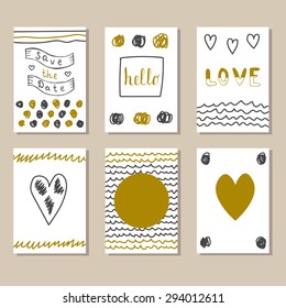 Collection of hand drawn cute cards and invitations. Set of vintage creative cards with hand drawn hipster textures. Romantic journaling cards. Vector illustration