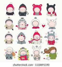 Collection of hand drawn cute characters children with different emotions - happy, sad, love, cartoon art, vector illustration. Boys and girls in funny beanies, for making stickers, t-shirts, cards.