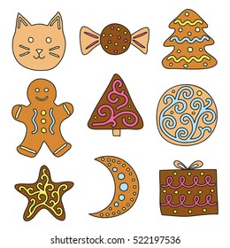Collection of hand drawn cute colorful cookies with icing isolated on white background.