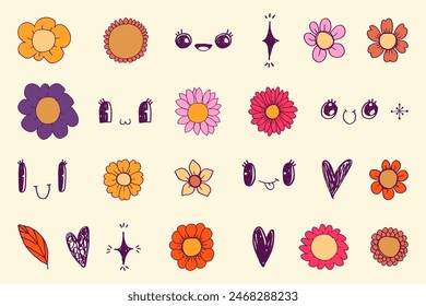 Collection of hand drawn cute doodle elements in groovy style. Retro 70s scribble elements for posters, cards, invitations. 