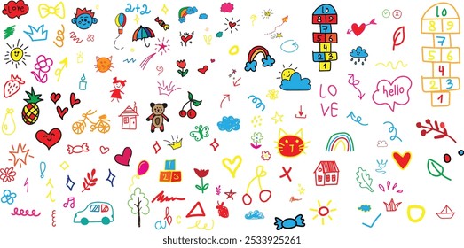 Collection of hand drawn cute doodles, Doodle children drawing, Sketch vector eps10