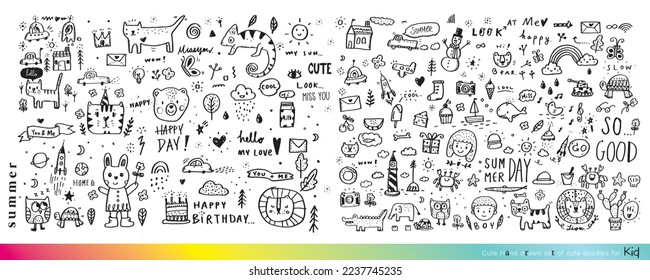 Colección de dibujos a mano adorables doodles, dibujo de niños Doodle, Esbozo conjunto de dibujos a la manera de un niño, Gracioso dibujo a la mano, Página para colorear, animal lindo