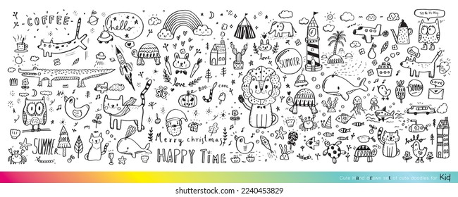 Collection of hand drawn cute doodles,Doodle children drawing,Sketch set of drawings in child style,Funny Doodle Hand Drawn,Page for coloring, cute animal