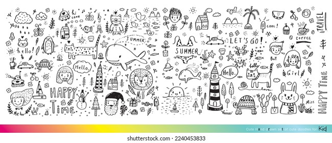 Collection of hand drawn cute doodles,Doodle children drawing,Sketch set of drawings in child style,Funny Doodle Hand Drawn,Page for coloring, cute animal