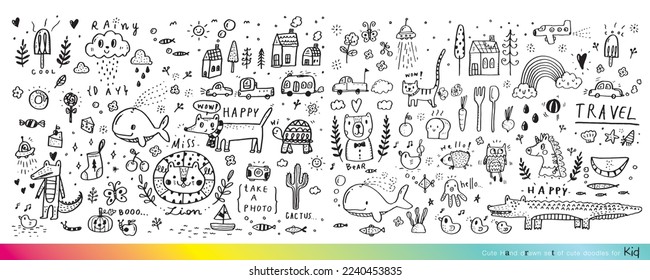 Collection of hand drawn cute doodles,Doodle children drawing,Sketch set of drawings in child style,Funny Doodle Hand Drawn,Page for coloring, cute animal