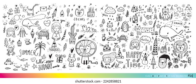 Collection of hand drawn cute doodles,Doodle children drawing,Sketch set of drawings in child style,Funny Doodle Hand Drawn,Page for coloring, cute animal