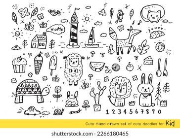 Collection of hand drawn cute doodles,Doodle children drawing,Sketch set of drawings in child style,Funny Doodle Hand Drawn,Page for coloring, cute animal
