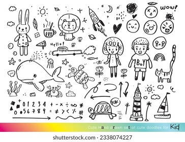 Collection of hand drawn cute doodles,Doodle children drawing,Sketch set of drawings in child style,Funny Doodle Hand Drawn,Page for coloring, cute animal