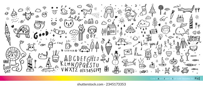 Collection of hand drawn cute doodles,Doodle children drawing,Sketch set of drawings in child style,Funny Doodle Hand Drawn,Page for coloring, cute animal