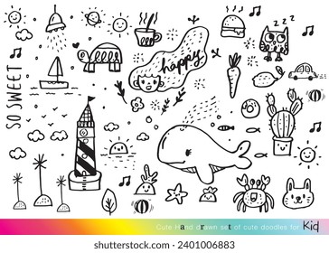 Collection of hand drawn cute doodles,Doodle children drawing,Sketch set of drawings in child style,Funny Doodle Hand Drawn,Page for coloring, cute animal