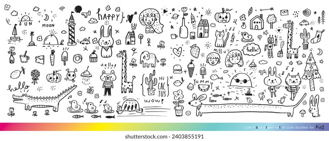 Collection of hand drawn cute doodles,Doodle children drawing,Sketch set of drawings in child style,Funny Doodle Hand Drawn,Page for coloring, cute animal
