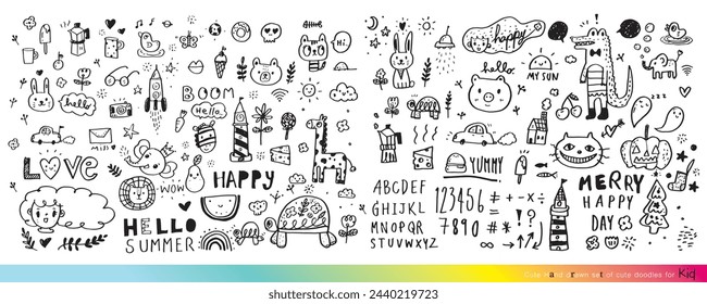 Collection of hand drawn cute doodles,Doodle children drawing,Sketch set of drawings in child style,Funny Doodle Hand Drawn,Page for coloring, cute animal