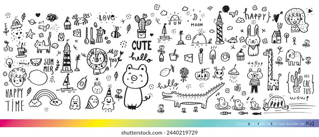 Collection of hand drawn cute doodles,Doodle children drawing,Sketch set of drawings in child style,Funny Doodle Hand Drawn,Page for coloring, cute animal