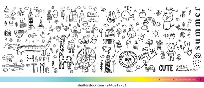 Collection of hand drawn cute doodles,Doodle children drawing,Sketch set of drawings in child style,Funny Doodle Hand Drawn,Page for coloring, cute animal