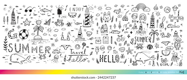 Collection of hand drawn cute doodles,Doodle children drawing,Sketch set of drawings in child style,Funny Doodle Hand Drawn,Page for coloring, cute animal