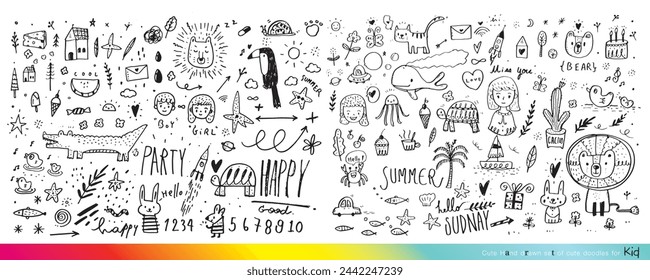 Collection of hand drawn cute doodles,Doodle children drawing,Sketch set of drawings in child style,Funny Doodle Hand Drawn,Page for coloring, cute animal