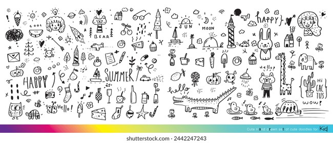 Collection of hand drawn cute doodles,Doodle children drawing,Sketch set of drawings in child style,Funny Doodle Hand Drawn,Page for coloring, cute animal