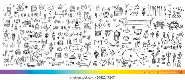 Collection of hand drawn cute doodles,Doodle children drawing,Sketch set of drawings in child style,Funny Doodle Hand Drawn,Page for coloring, cute animal
