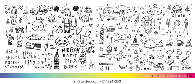 Collection of hand drawn cute doodles,Doodle children drawing,Sketch set of drawings in child style,Funny Doodle Hand Drawn,Page for coloring, cute animal