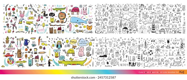 Collection of hand drawn cute doodles,Doodle children drawing,Sketch set of drawings in child style,Funny Doodle Hand Drawn,Page for coloring, cute anima