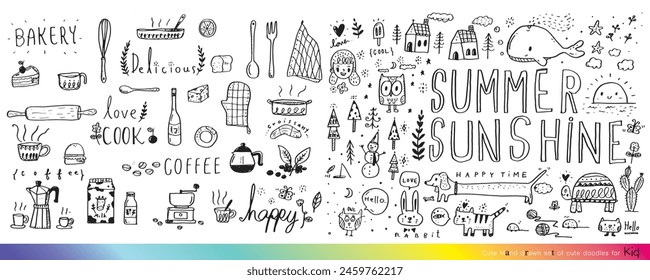 Collection of hand drawn cute doodles,Doodle children drawing,Sketch set of drawings in child style,Funny Doodle Hand Drawn,Page for coloring, cute animal hand drawn