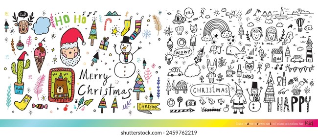 Collection of hand drawn cute doodles,Doodle children drawing,Sketch set of drawings in child style,Funny Doodle Hand Drawn,Page for coloring, cute animal hand drawn