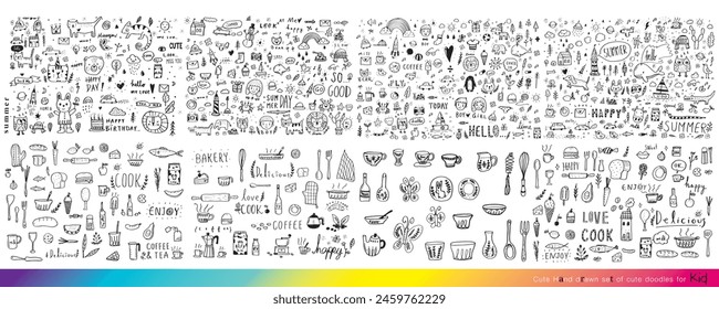 Collection of hand drawn cute doodles,Doodle children drawing,Sketch set of drawings in child style,Funny Doodle Hand Drawn,Page for coloring, cute animal hand drawn