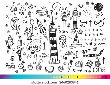 Collection of hand drawn cute doodles,Doodle children drawing,Sketch set of drawings in child style,Funny Doodle Hand Drawn,Page for coloring, cute animal hand drawn