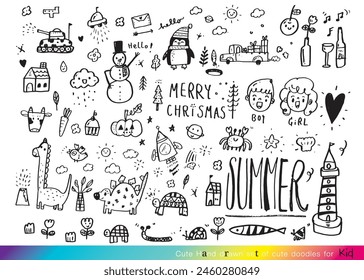 Collection of hand drawn cute doodles,Doodle children drawing,Sketch set of drawings in child style,Funny Doodle Hand Drawn,Page for coloring, cute animal hand drawn