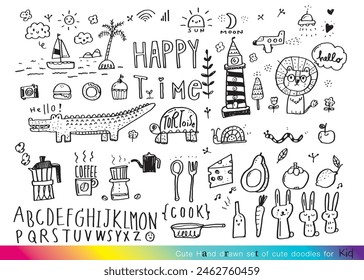 Collection of hand drawn cute doodles,Doodle children drawing,Sketch set of drawings in child style,Funny Doodle Hand Drawn,Page for coloring, cute animal hand drawn