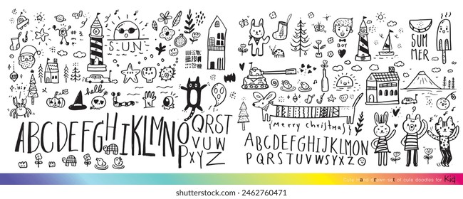 Collection of hand drawn cute doodles,Doodle children drawing,Sketch set of drawings in child style,Funny Doodle Hand Drawn,Page for coloring, cute animal hand drawn