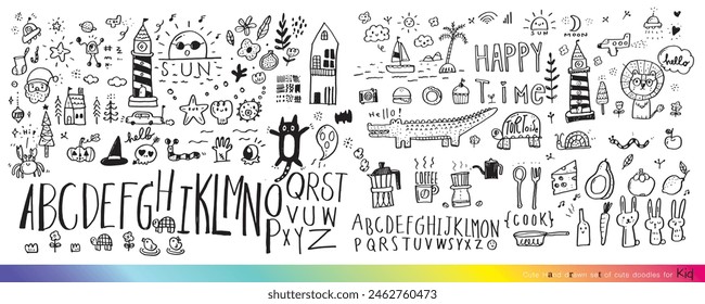 Collection of hand drawn cute doodles,Doodle children drawing,Sketch set of drawings in child style,Funny Doodle Hand Drawn,Page for coloring, cute animal hand drawn