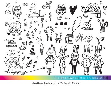 Collection of hand drawn cute doodles,Doodle children drawing,Sketch set of drawings in child style,Funny Doodle Hand Drawn,Page for coloring, cute animal hand drawn