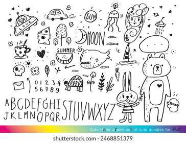 Collection of hand drawn cute doodles,Doodle children drawing,Sketch set of drawings in child style,Funny Doodle Hand Drawn,Page for coloring, cute animal hand drawn