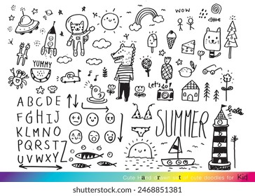 Collection of hand drawn cute doodles,Doodle children drawing,Sketch set of drawings in child style,Funny Doodle Hand Drawn,Page for coloring, cute animal hand drawn